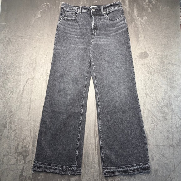 LOFT Denim - LOFT The Wide Leg Jeans Womens 30/10 Black High Rise Raw Hem Frayed Faded Denim